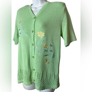 Southern Lady Vintage Short Sleeve Knit Sweater Green Floral Embroidery Sz Small
